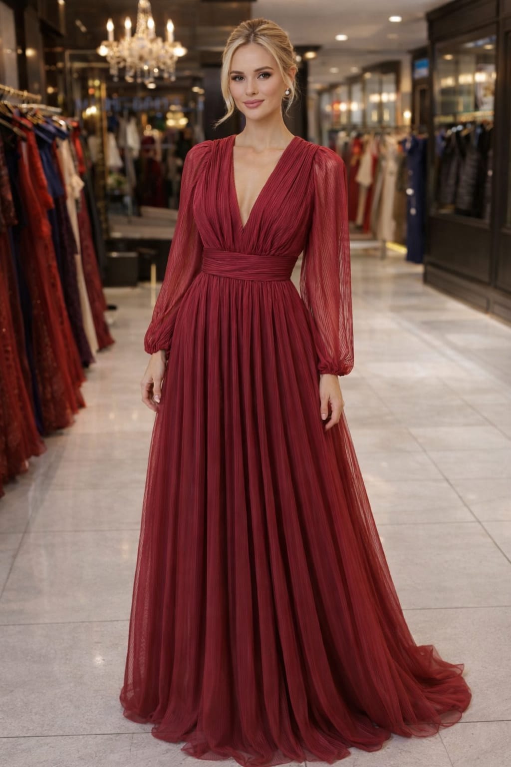 Vestido Longo Marsala Manga Longa em Tule