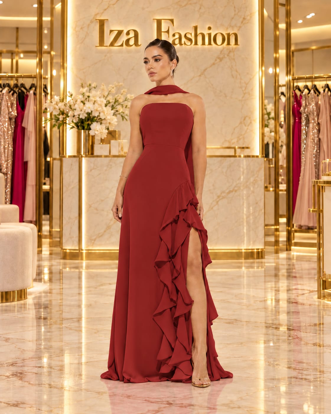 Vestido Longo em Chiffon Tomara que Caia e Babado na Saia Cereja
