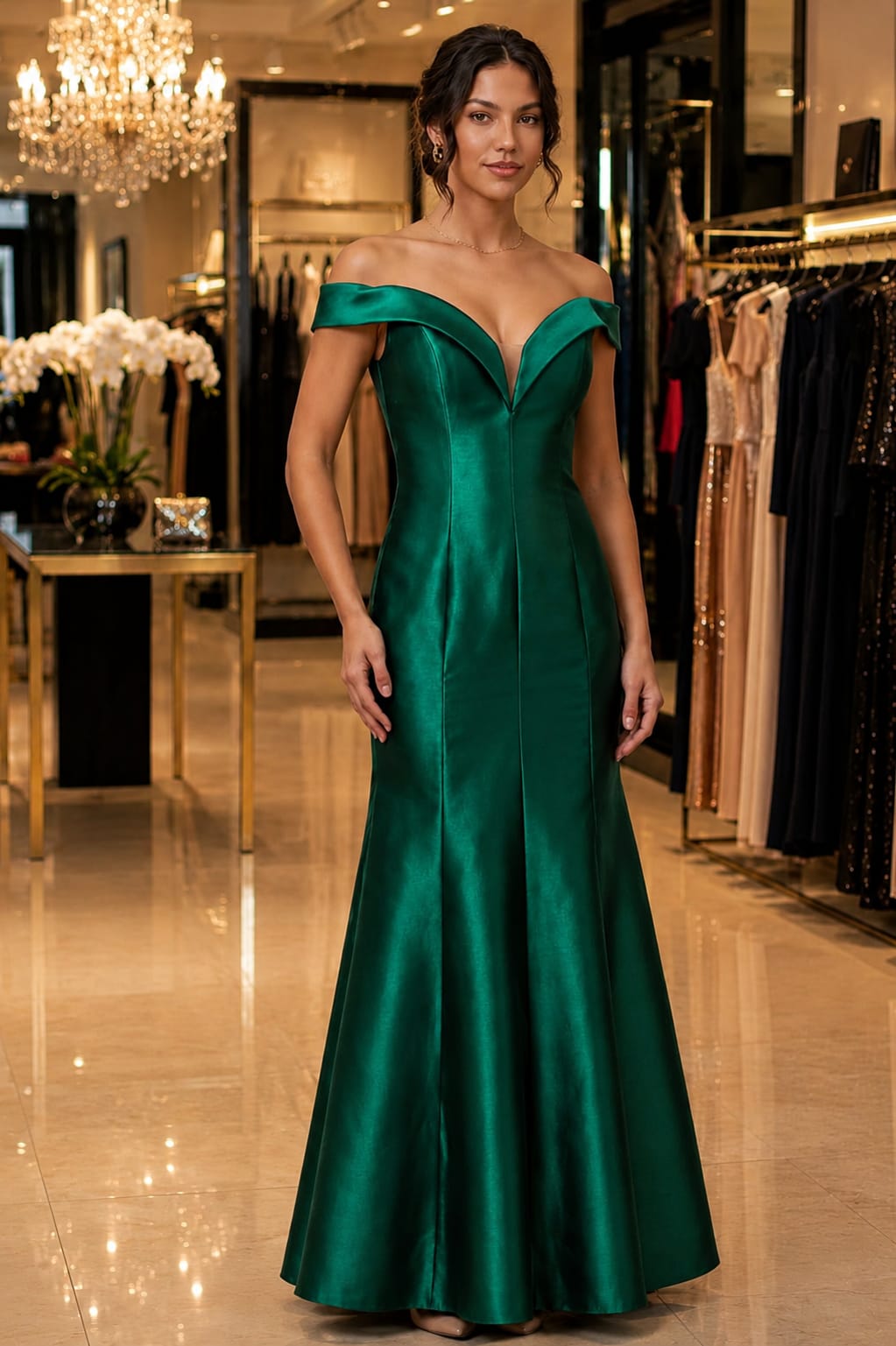 Vestido Longo Zibeline Esmeralda Ombro A Ombro Decote V Sereia