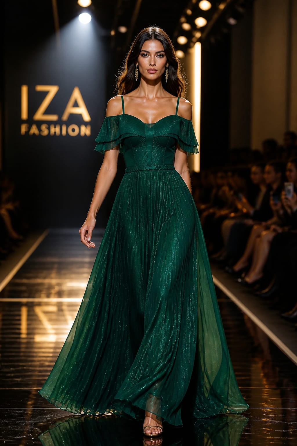 Vestido Longo Verde Esmeralda em Organza Ombro a Ombro com Babado e Brilho
