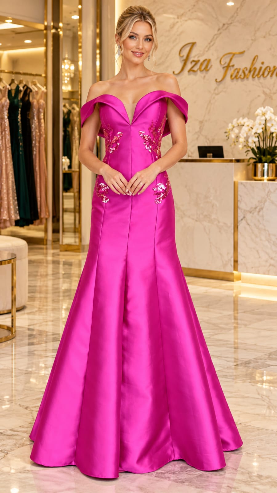 Vestido Longo em Zibeline Rosa Fúcsia Decote V Bordado