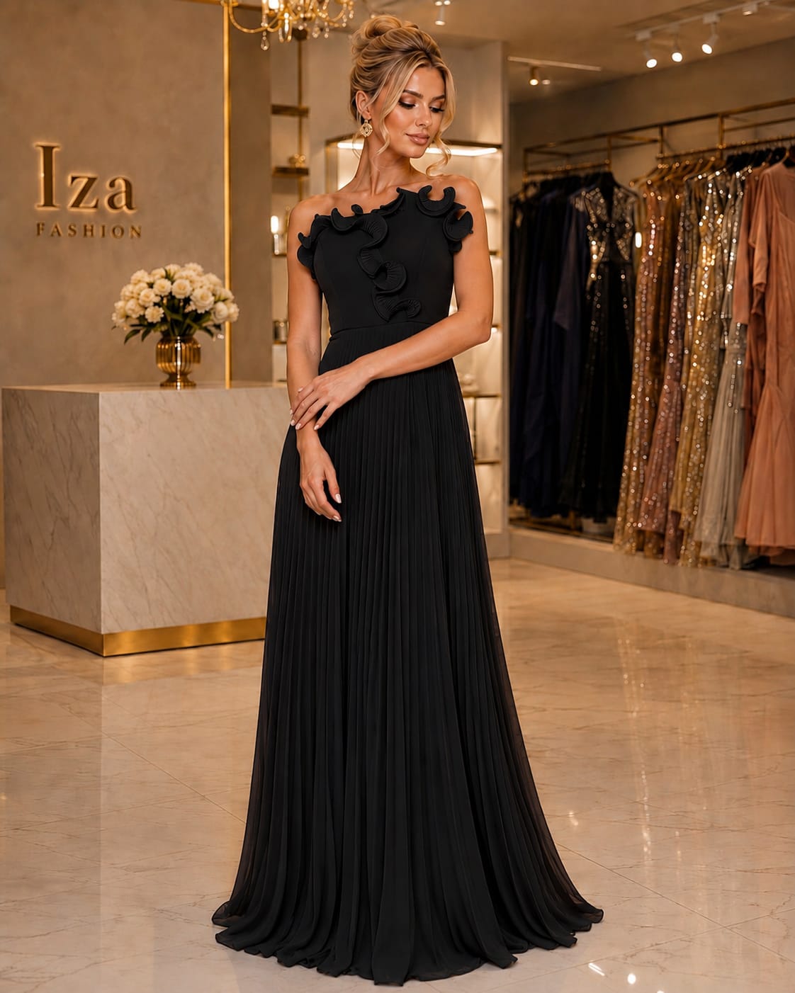 Vestido Longo Chiffon Plissado Tomara que Caia Preto