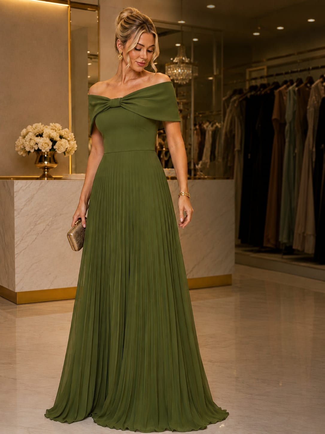Vestido Longo Verde Oliva Ombro a Ombro Plissado