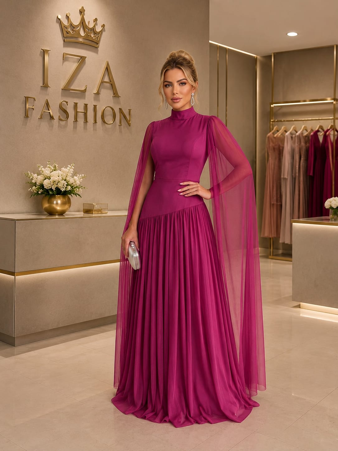 Vestido Longo Fúcsia com Mangas Fluidas