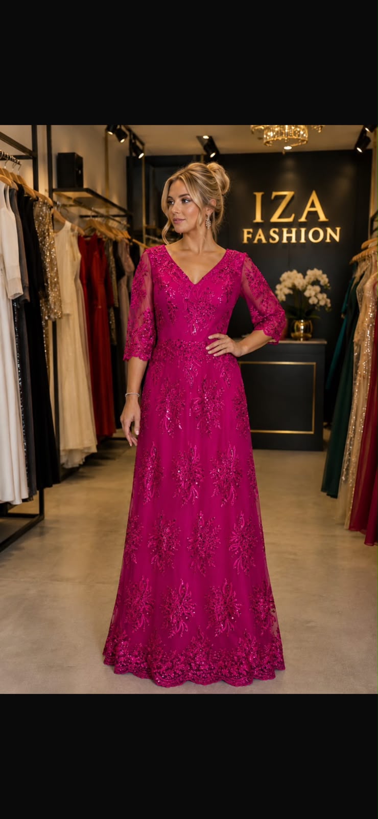 Vestido Longo em Tule com Aplicação Fúcsia