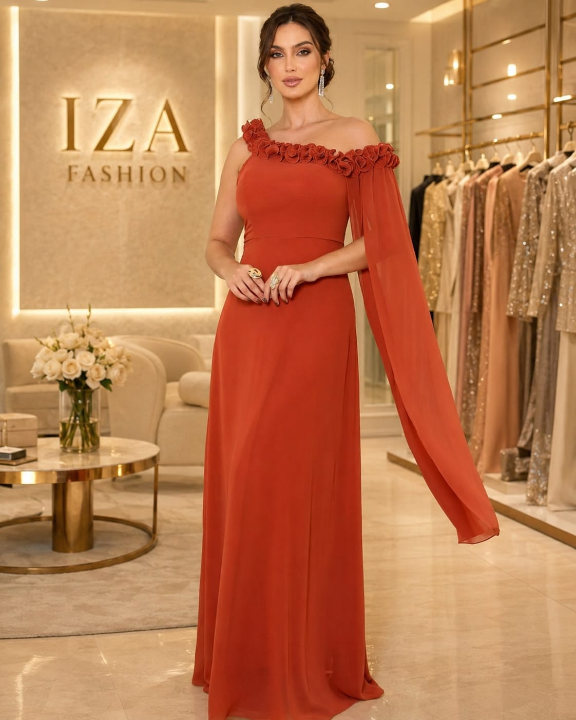 Vestido Terracota Ombro a Ombro com Aplicação de Flores em Chiffon– Elegância Romântica
