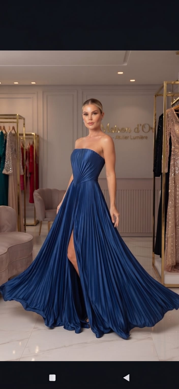 Vestido Longo Crepe de Seda Tomara que Caia Plissado Azul Royal