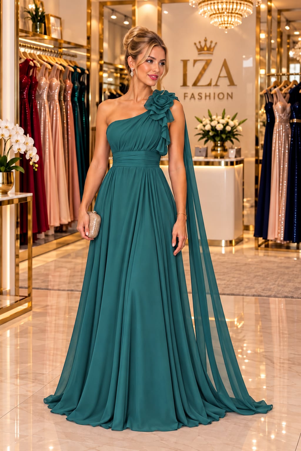Vestido Longo Verde Esmeralda Ombro Único com Flor 3D e Capa Esvoaçante