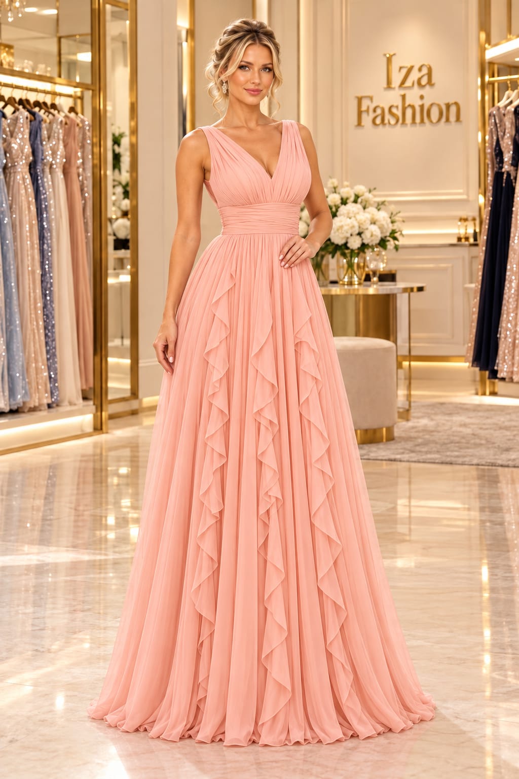 Vestido Longo Rosa Claro com Babados Cascata e Decote em V