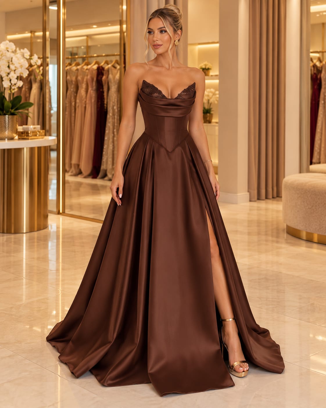 Vestido Longo Marrom em Zibeline Tomara que Caia