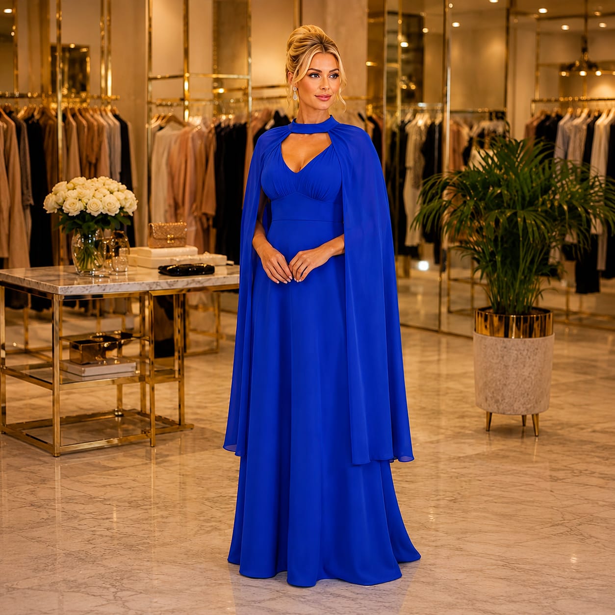 Vestido Longo Azul Royal com Capa Integrada e Gola Alta