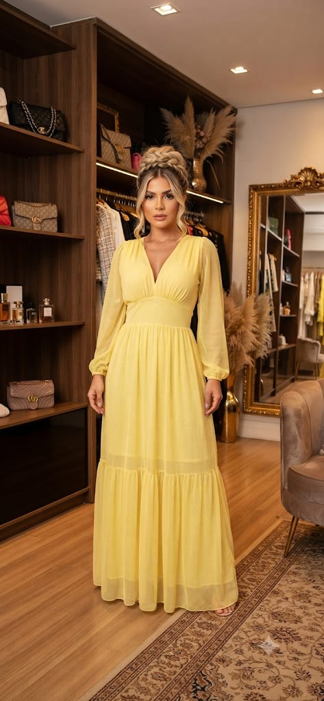 Vestido Longo em Tule Manga Longa Amarelo