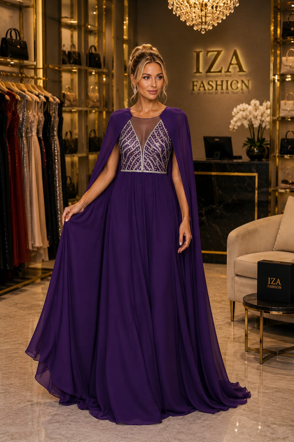 Vestido Roxo Bordado Com Capa