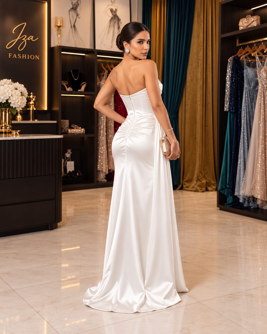 Vestido Longo em Prada Sereia Off White Corset Drapeado
