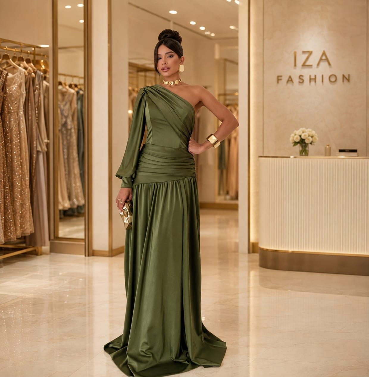 Vestido Longo Verde Oliva em Cetim Seda com Ombro Único, Manga Drapada e Cintura Franzida