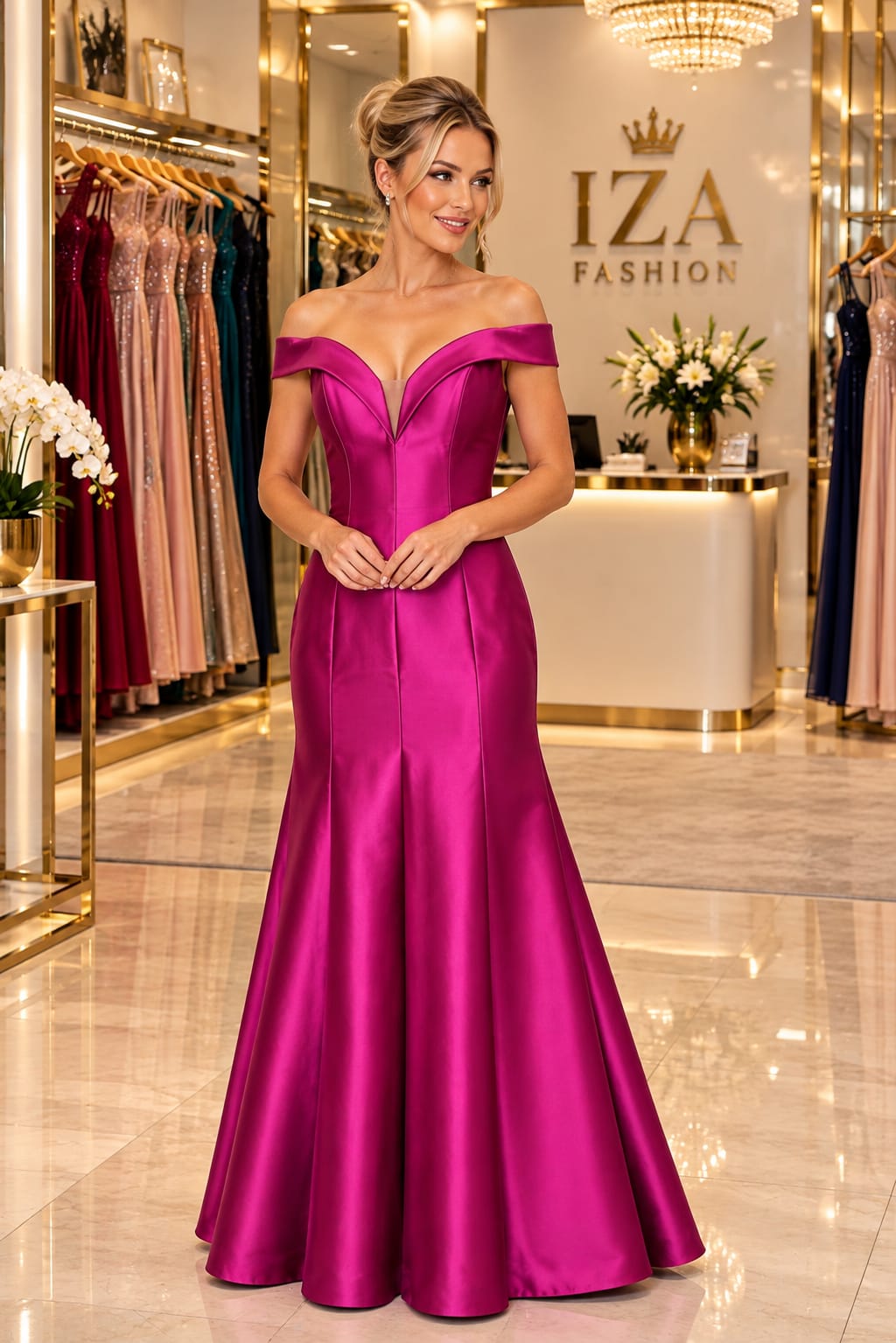 Vestido Longo Rosa Fúcsia Zibeline Ombro a Ombro Corset Sereia com Decote Coração