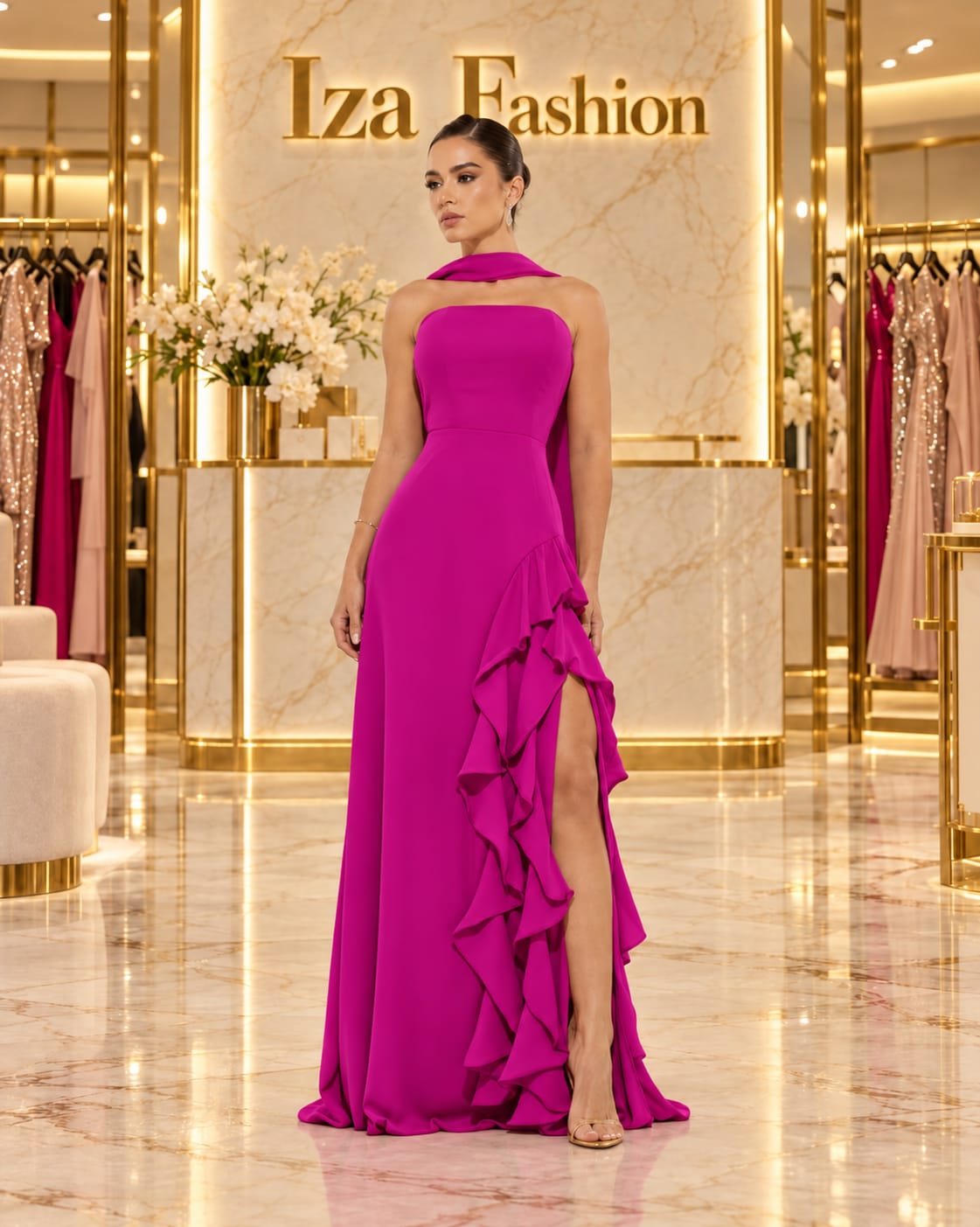 Vestido Longo em Chiffon Tomara que Caia e Babado na Saia Fúcsia
