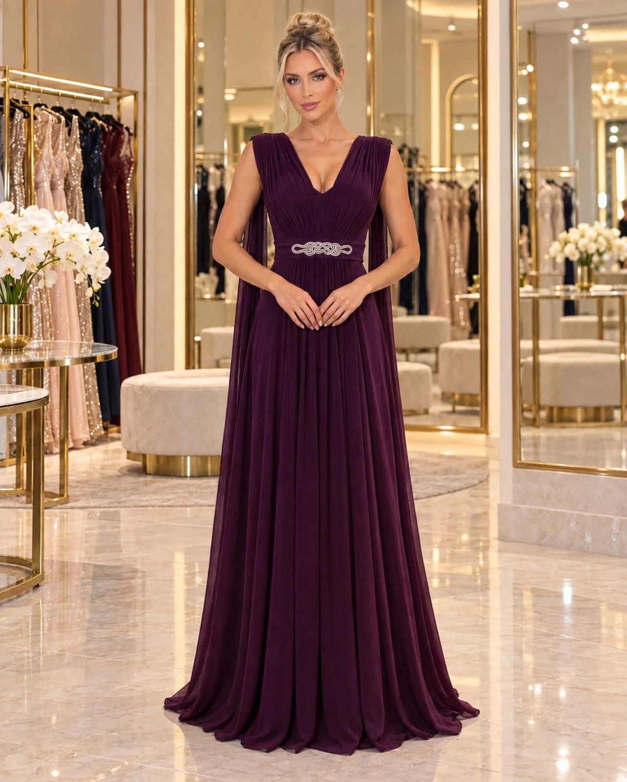 Vestido Longo Tule com Capa Vinho/Roxo