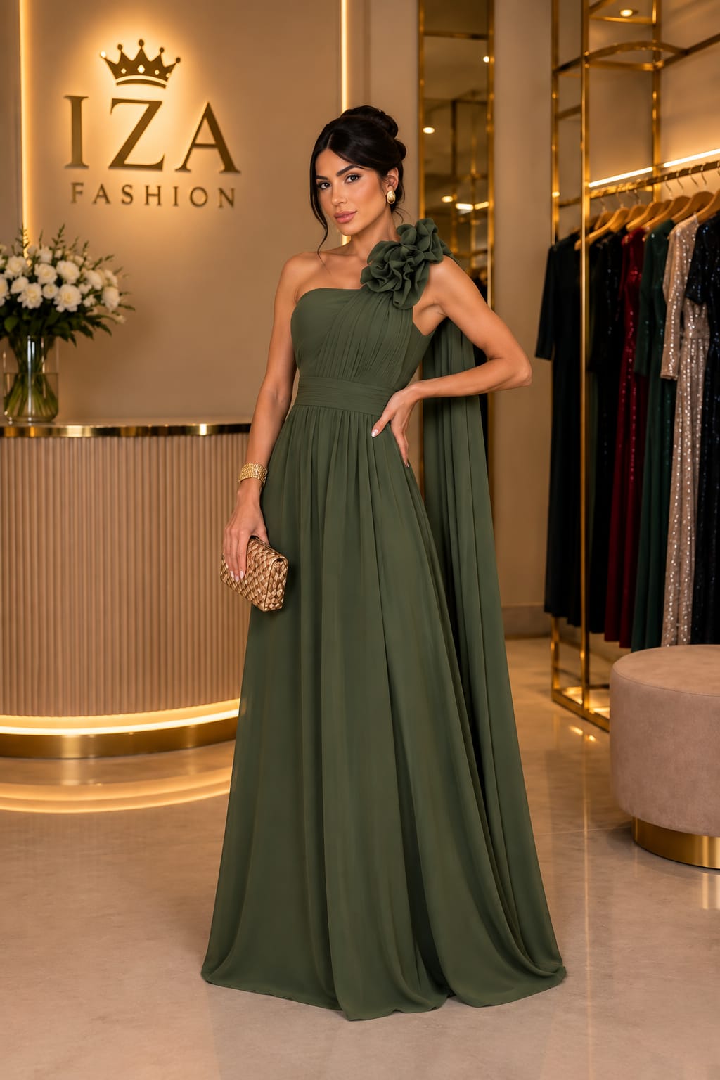 Vestido de Festa Longo Crepe Seda Chiffon Oliva Um Ombro Só