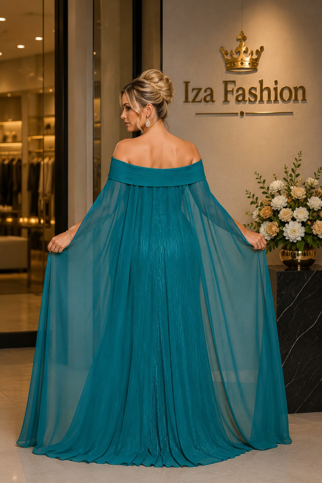 Vestido Longo Verde Ombro a Ombro com Cape e Flor 3D