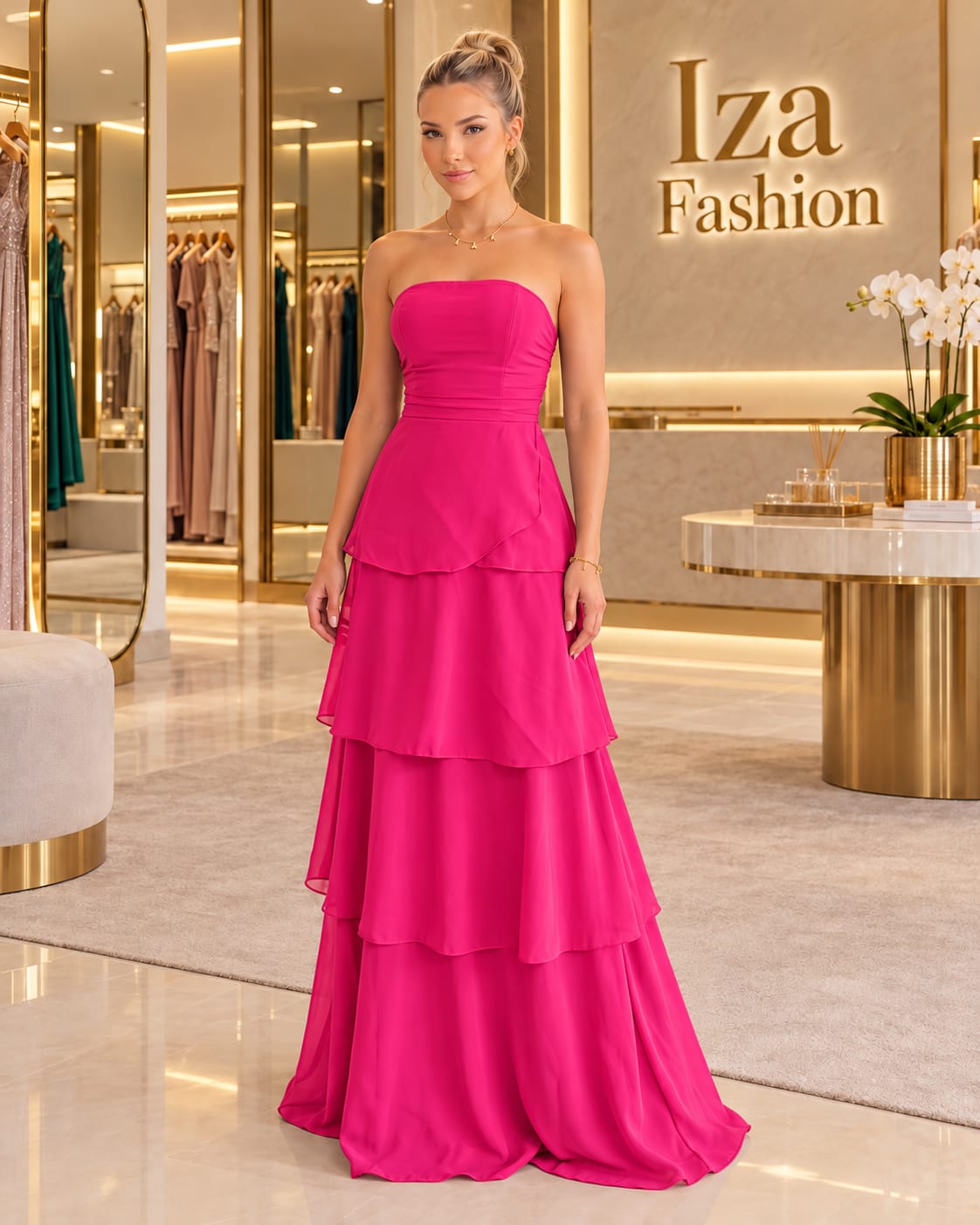 Vestido Longo Rosa Tomara-que-caia com Babados em Camadas