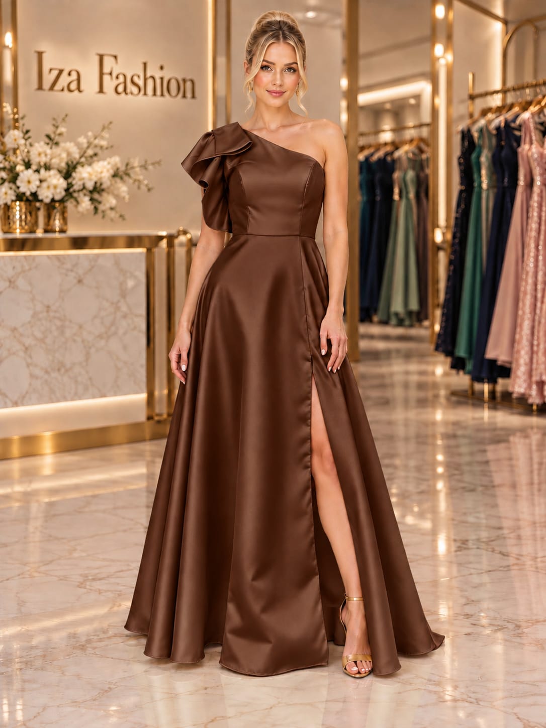 Vestido Longo em Zibeline um Ombro Só com Babado Marrom