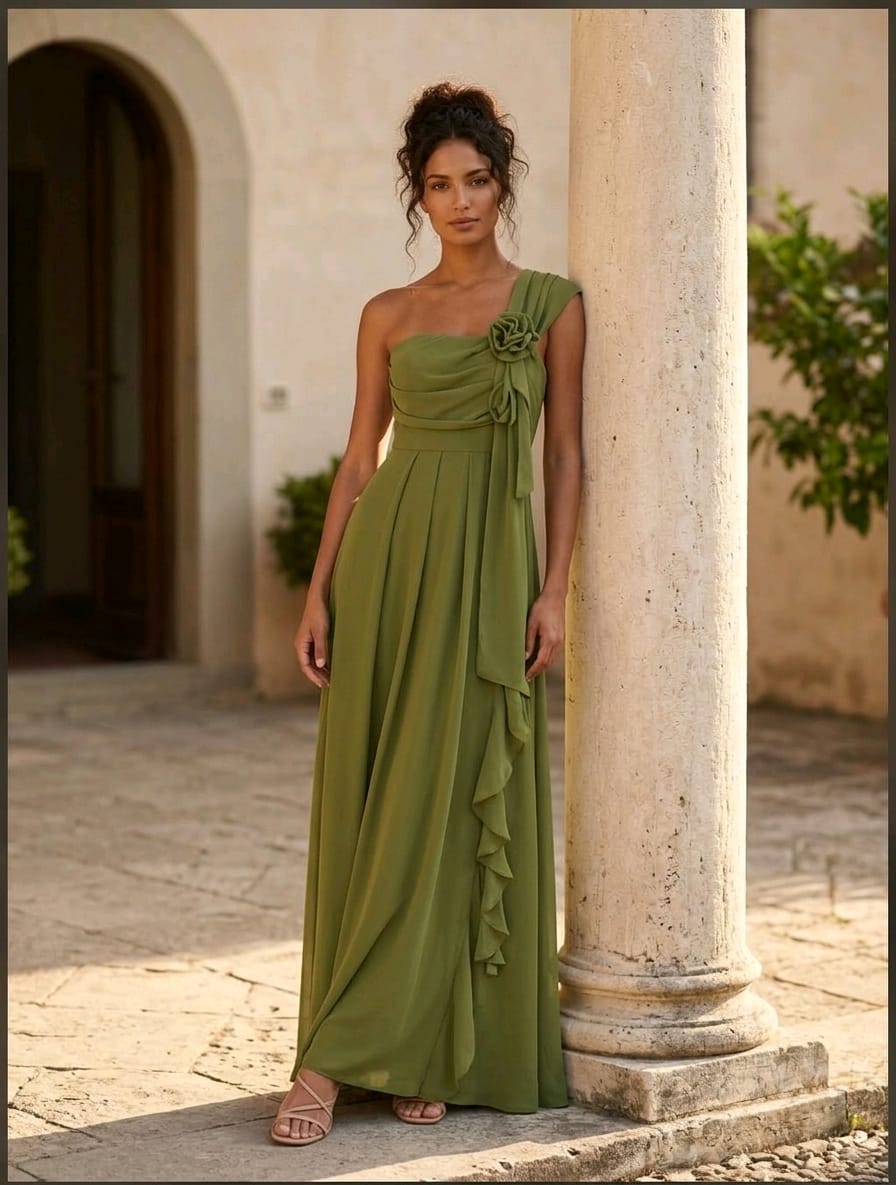 Vestido Longo Verde Oliva um Ombro Só Decote Assimétrico com Aplicação de Flor