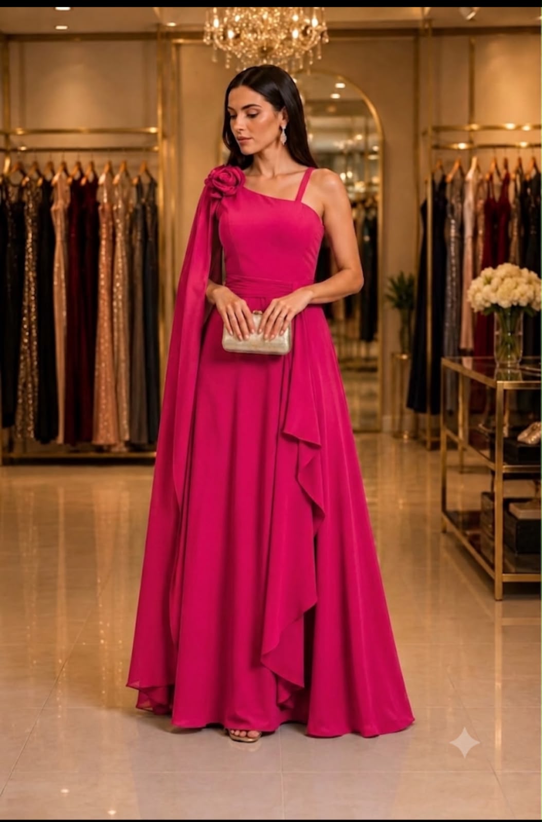 Vestido Longo Crepe de Seda Fúcsia Um Ombro Só