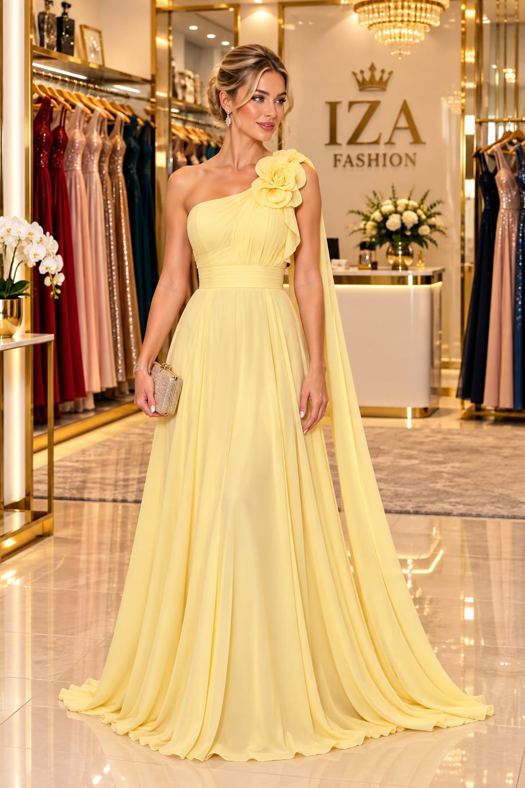 Vestido de Festa Longo Crepe Seda Chiffon Amarelo Um Ombro Só