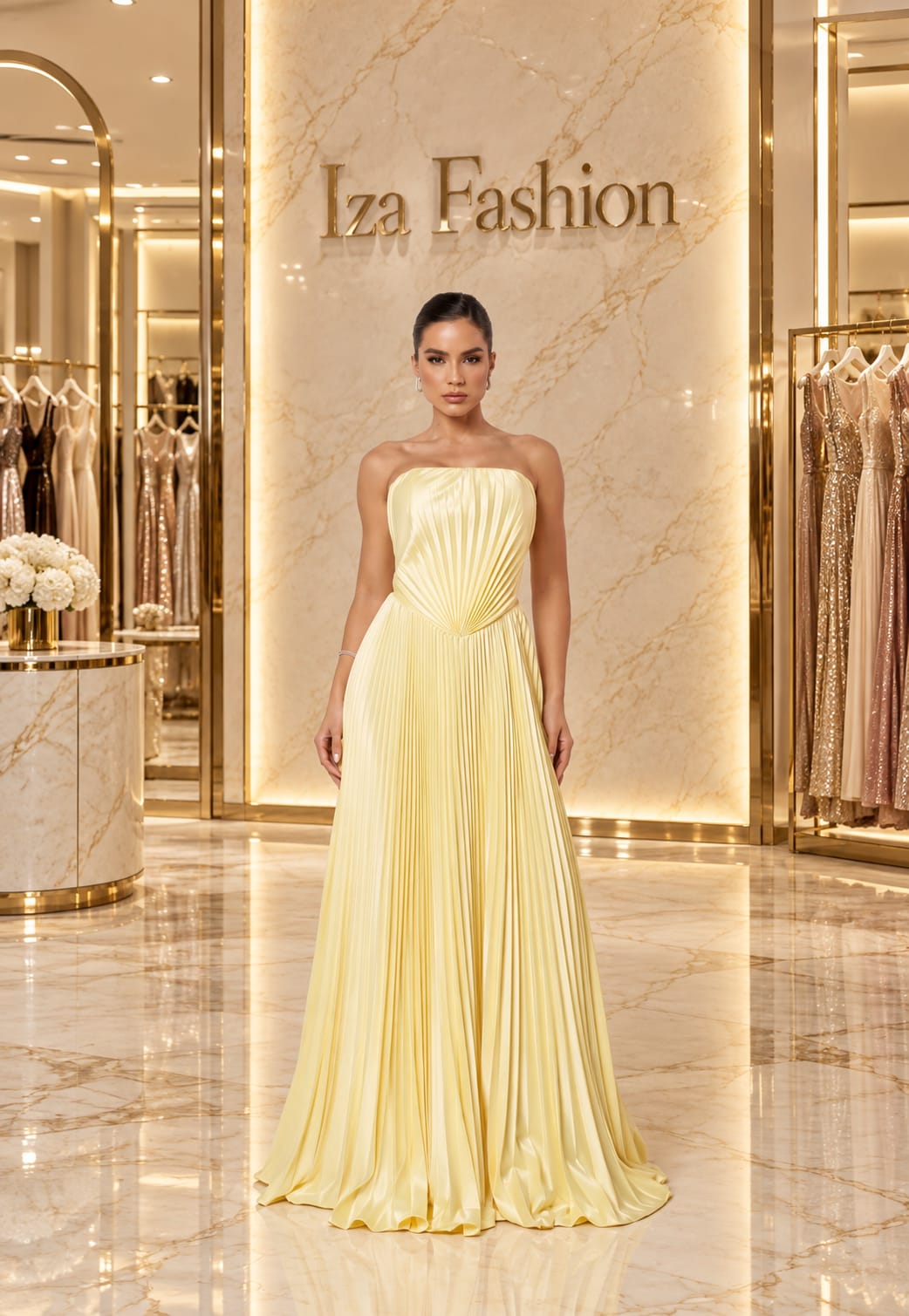 Vestido Longo Crepe de Seda Tomara que Caia Plissado Amarelo Manteiga