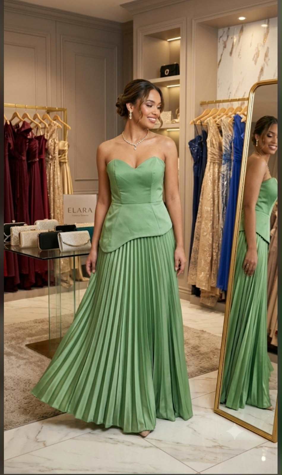 Vestido Longo Decote Coração Verde Oliva e Saia Plissada