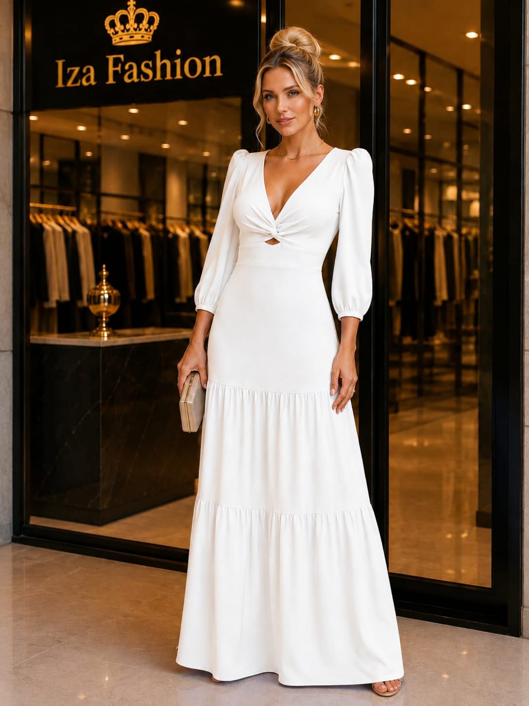 Vestido Longo Branco Manga 3/4