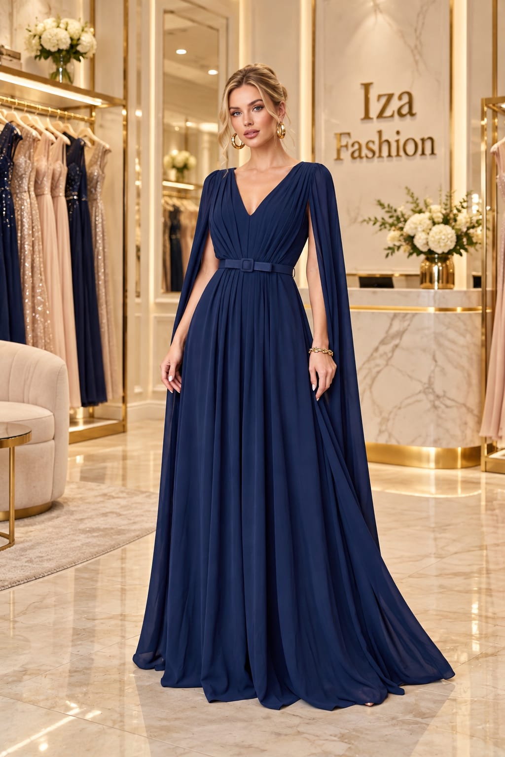 Vestido Longo Azul-Marinho com Capa Elegante