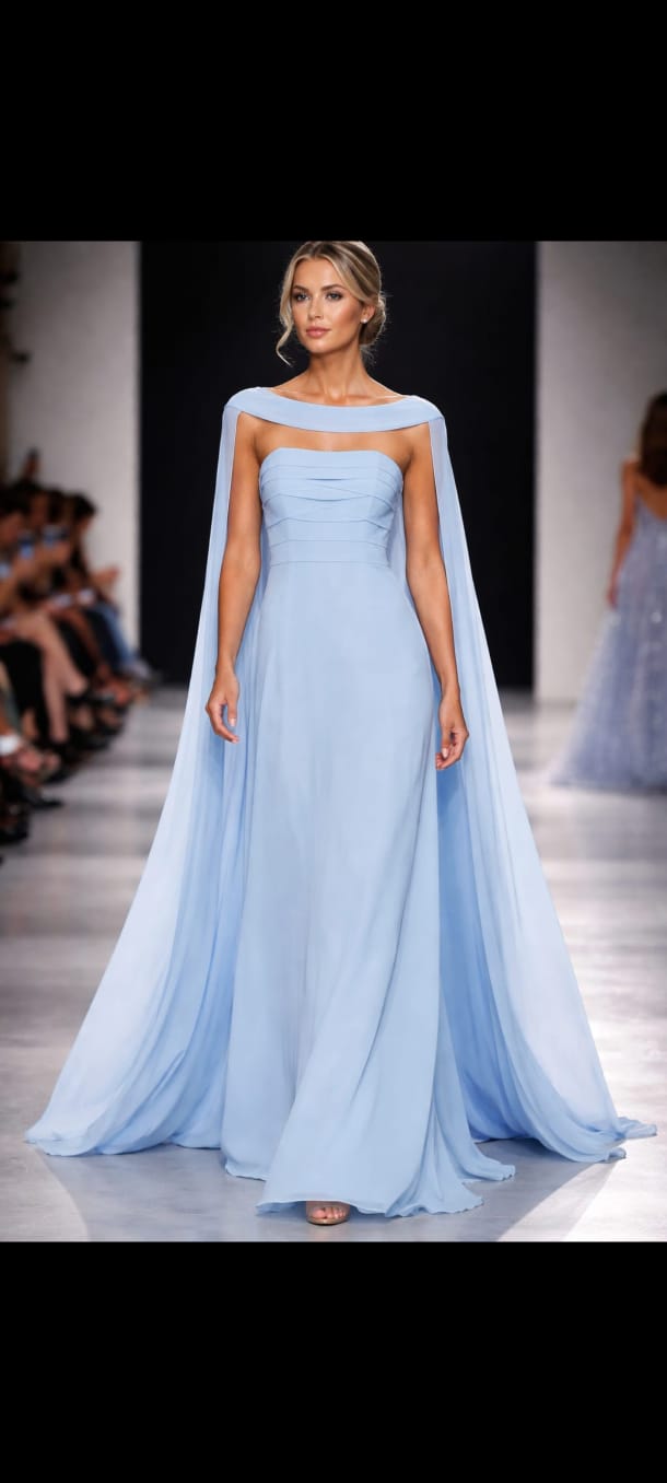 Vestido Longo Chiffon Azul Serenity com Capa Fluida
