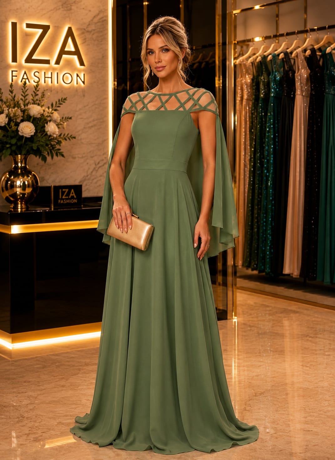 Vestido Longo com Detalhes no Colo e Capa
