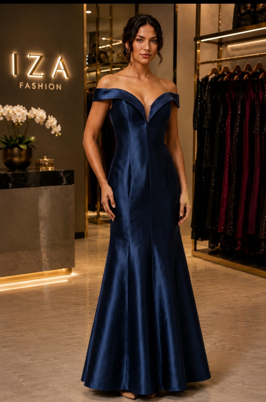 Vestido Longo Zibeline Marinho Ombro A Ombro Decote V Sereia