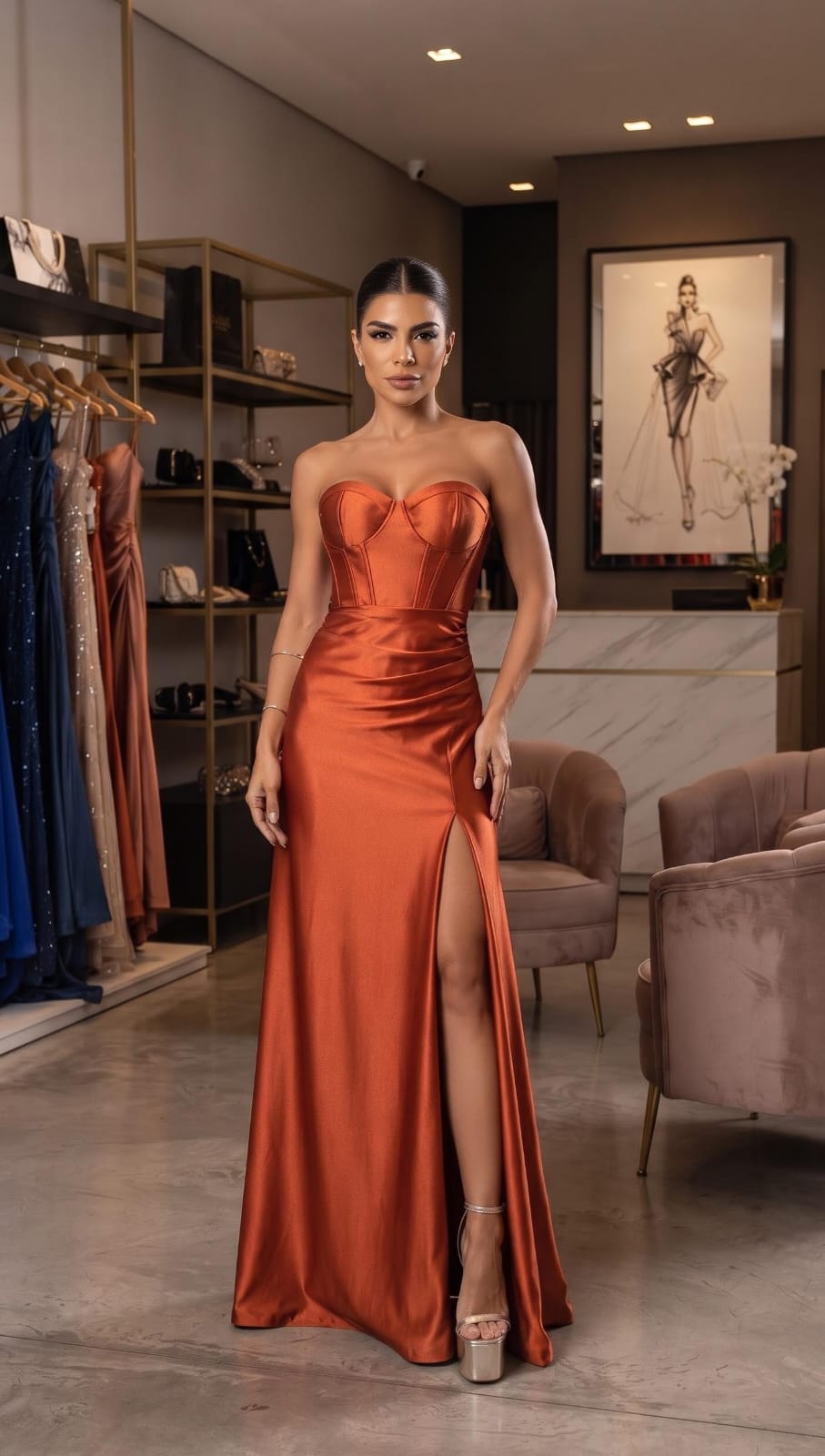 Vestido Longo em Prada Terracota Tomara que Caia e Fenda