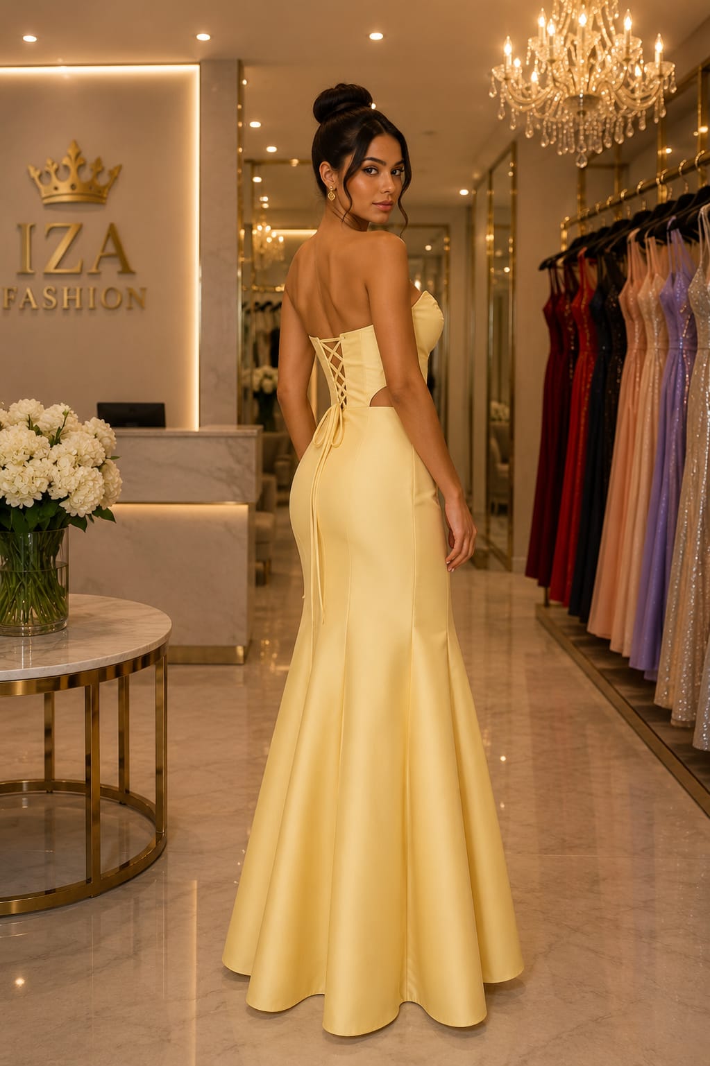 Vestido Longo Amarelo Zibeline com Corpete Estruturado