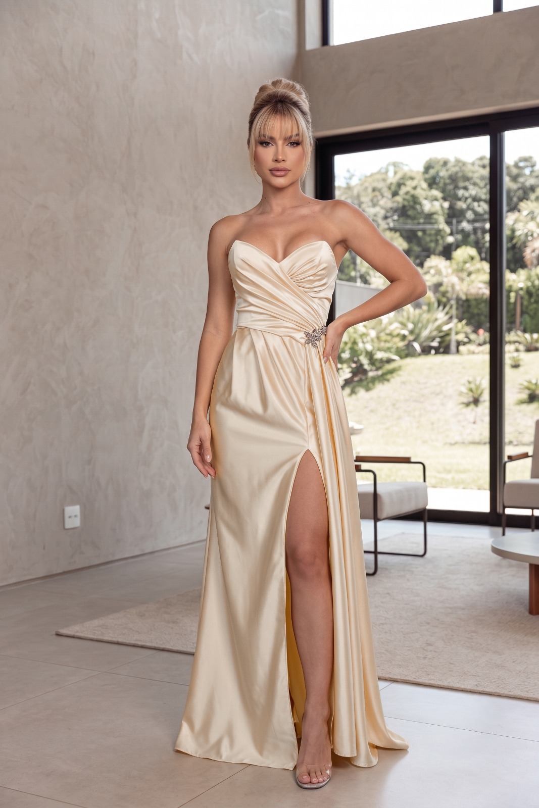 Vestido Longo em Prada Amarelo Tomara que Caia
