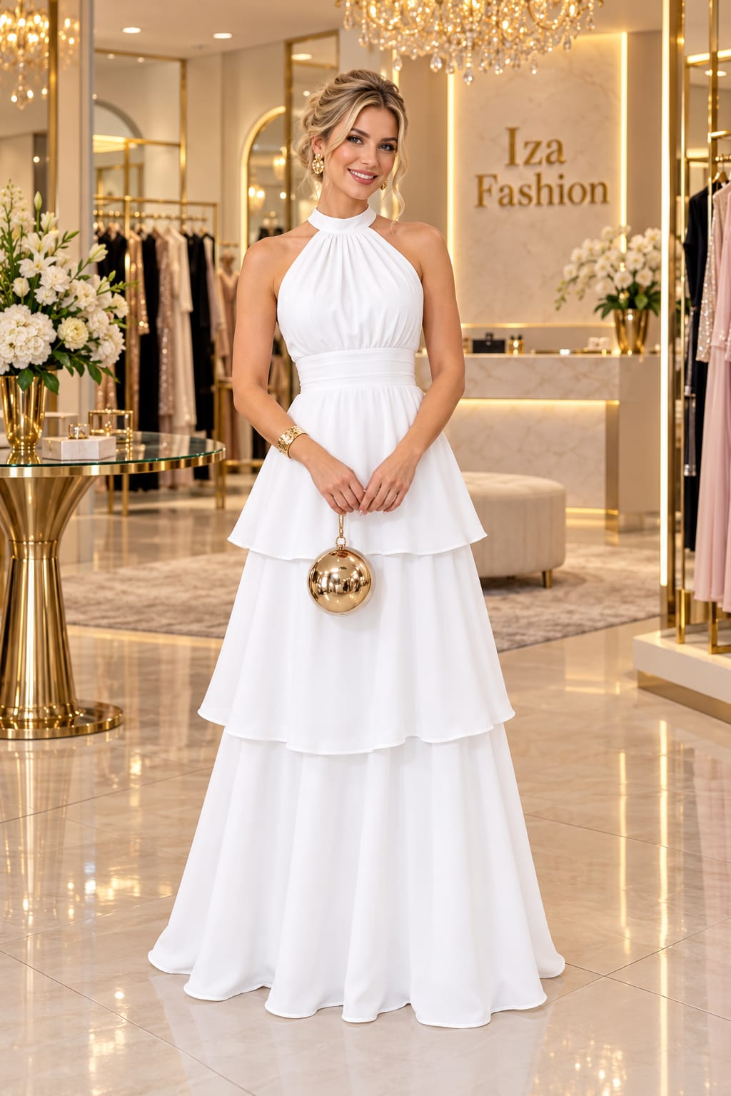 Vestido Longo Branco Frente Única Gola Alta com Babados em Camadas