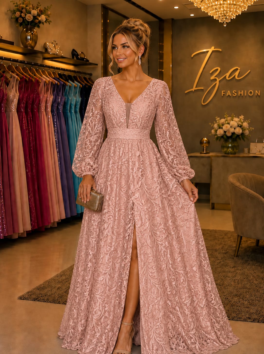 Vestido Longo Rosa Renda com Manga
