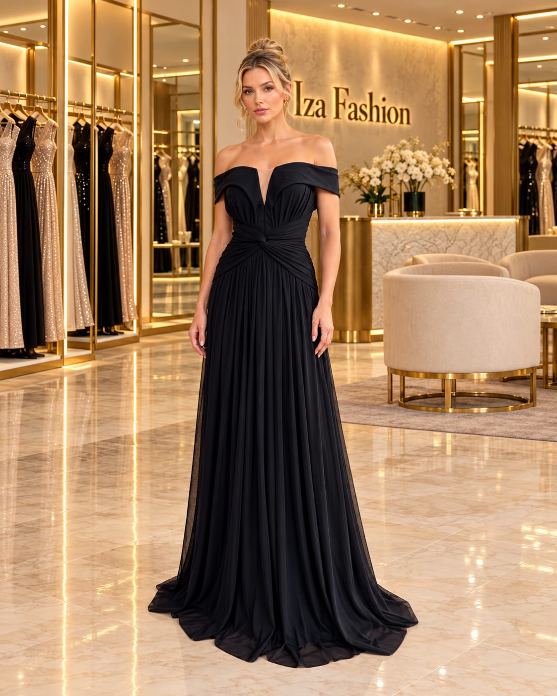 Vestido Longo Preto Off Shoulder com Decote Coração e Torção na Cintura