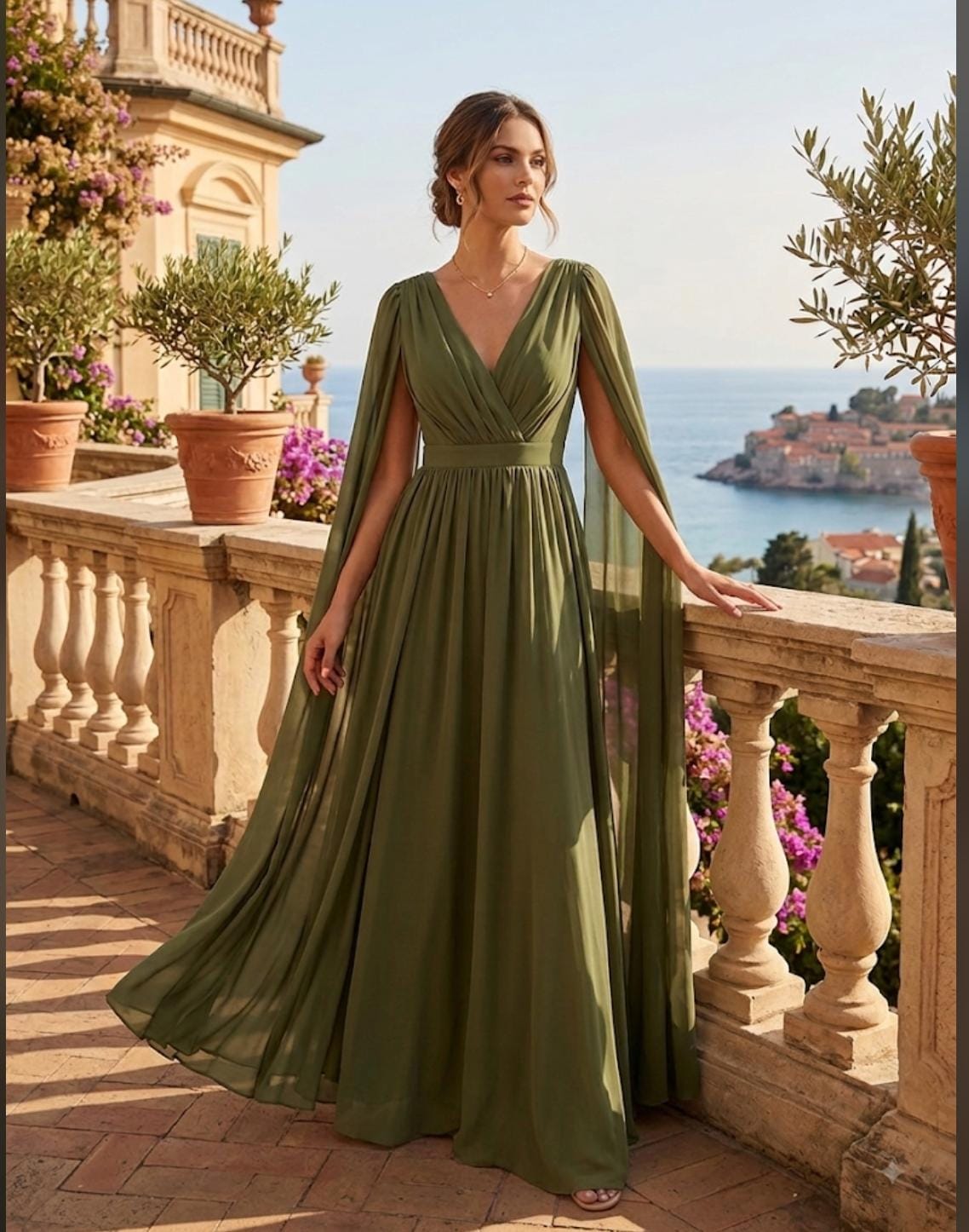 Vestido Longo Oliva em Chiffon com Manga Cape e Decote V