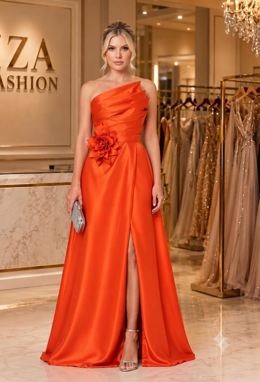 Vestido de Festa Longo Zibeline Laranja Tomara Que Caia com Flor