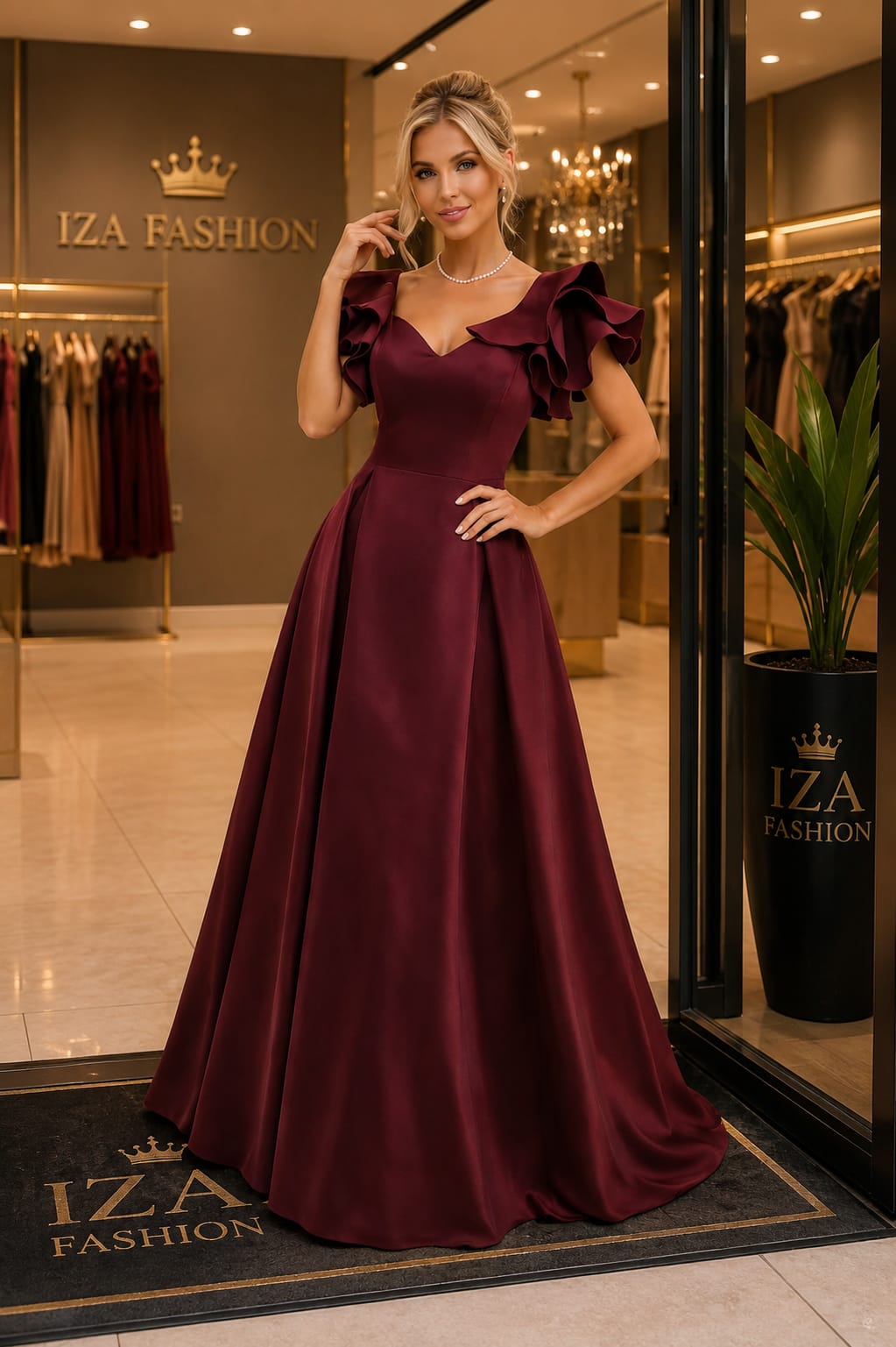 Vestido Longo Zibeline Manga com Babados Marsala