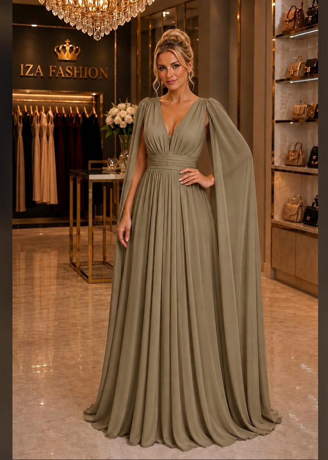 Vestido Longo Verde Oliva em Tule com Manga Efeito Capa