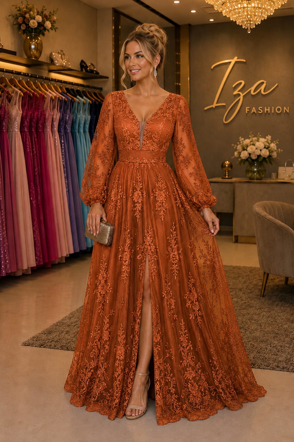 Vestido Tule com Aplicação Bordada Terracota