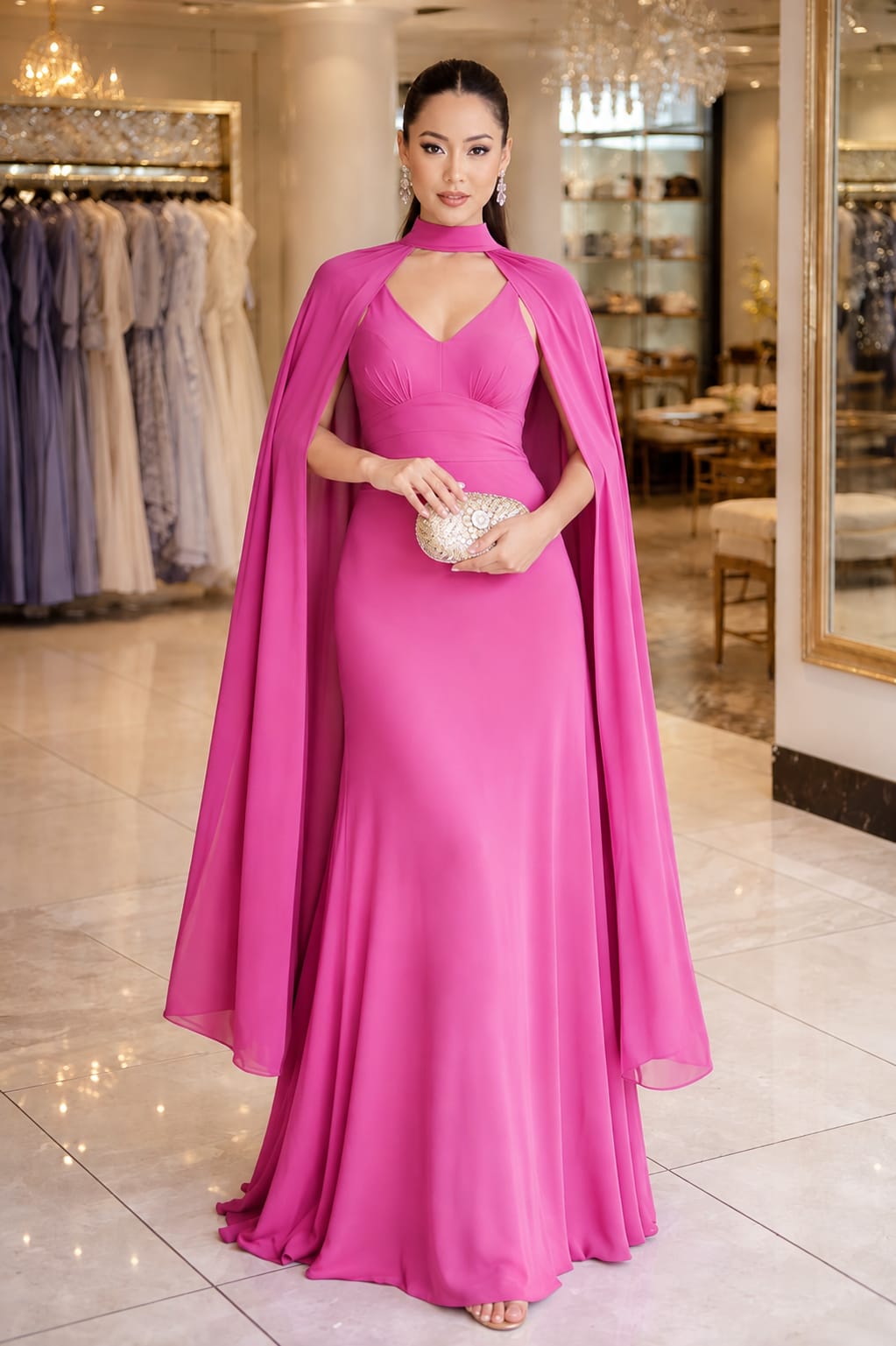 Vestido Longo  com Capa Integrada e Gola Alta