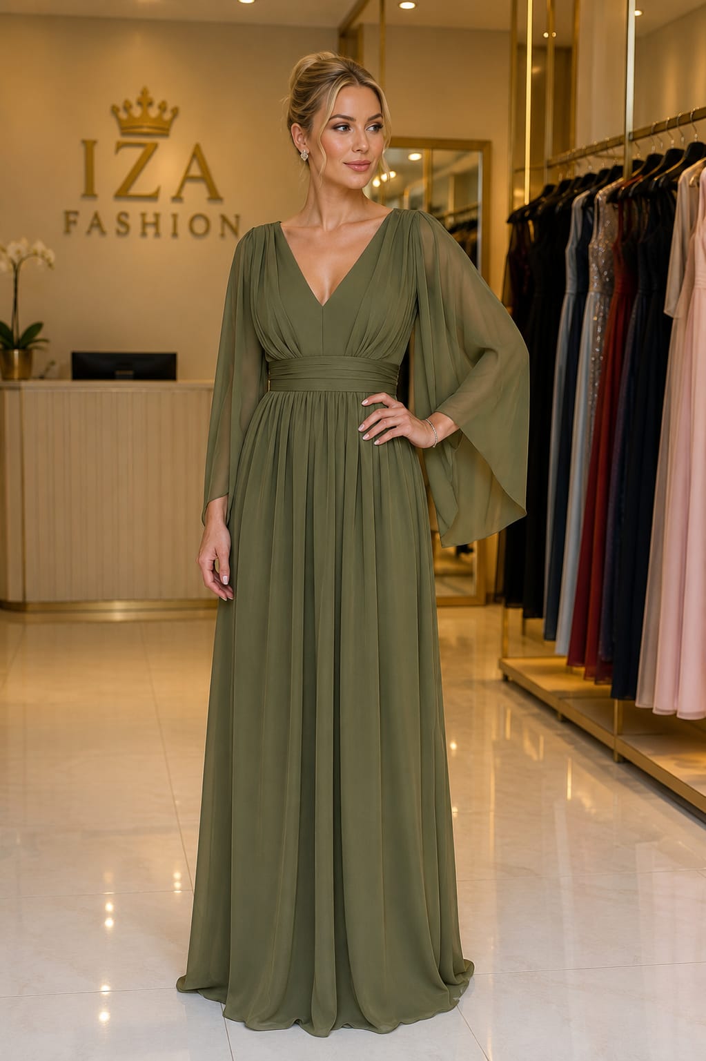 Vestido Longo Verde Oliva em Tule com Manga Flare e Decote V