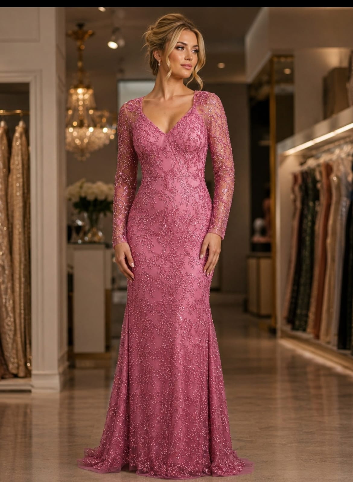 Vestido de Festa Rosa com Renda e Bordados